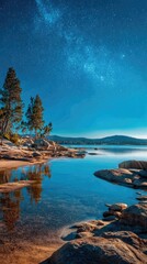 Serene lakeside landscape with trees and starry night sky reflection