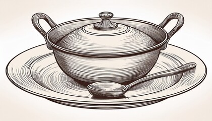 vintage soup tureen and ladle with porcelain plate sketch for elegant dining design