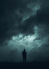 silhouette of a man walking in the storm