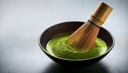 matcha powder is whisked in a ceramic bowl
