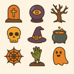Complete Halloween Icons Set – Pumpkin, Ghost, Skull, Vampire, Zombie Hand