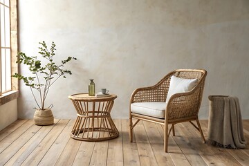 Bohemian rattan armchair and accent table with natural light and greenery in a minimalist room