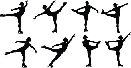 A collection of black and white silhouettes depicting figure skaters in various poses and movements on ice.