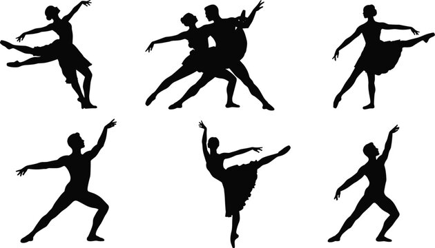 Black and white silhouettes of ballet dancers performing graceful movements, symbolizing elegance, harmony, and artistry.