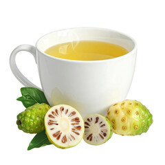 Fresh Noni Fruit and Noni Tea. Hot herbal beverage with whole and sliced tropical fruits and leaves, isolated on a black background for health and wellness.