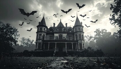 Bat colony circling around haunted mansion