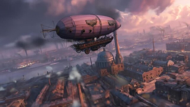 A steampunk city panorama, showcasing a majestic airship amidst the industrial cityscape.