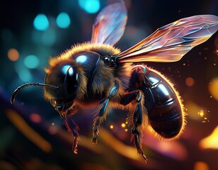 detailed close up of a dark bee in flight