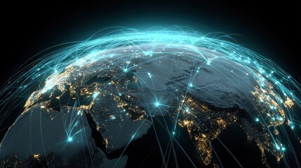 Digital globe with connected trade routes, global network, world trade.