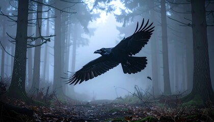 Raven flying through misty haunted forest