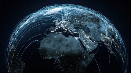 Digital globe with connected trade routes, global network, world trade.