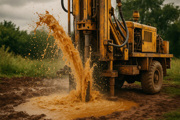 Powerful water well drilling machine ejecting muddy water during groundwater exploration and borehole drilling operation