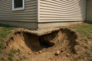 Severe soil erosion near residential house foundation causing structural damage and ground collapse exposing basement risks
