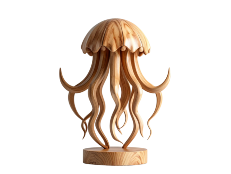 Elegant Wooden Jellyfish Sculpture with Curved Tentacles, Minimalist Studio View, Isolated on Transparent Background