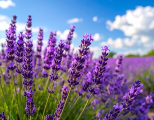 Naklejka premium Lavender field on a spring day with blue sky and white clouds, close up wallpaper