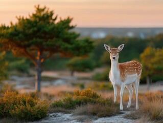 Deer Standing in a Clearing with a Natural Background at Sunset Lighting