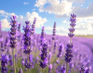 Fototapeta premium Lavender field on a spring day with blue sky and white clouds, close up wallpaper