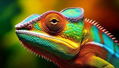 Fototapeta premium Vibrant Chameleon Close-Up A Detailed Portrait of a Reptilian Marvel with Striking Colors and Unique Features