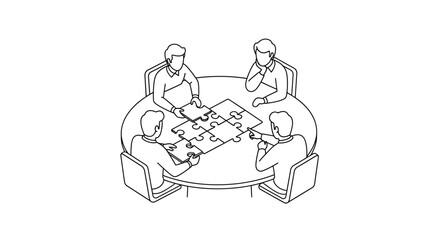 Obraz premium Four people working together to complete a jigsaw puzzle on a round table.