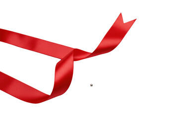 A bright red glossy satin ribbon with a swallowtail cut and tiny polished silver bead, elegantly draped on a transparent background with high-key studio lighting, concept of elegant craftsmanship
