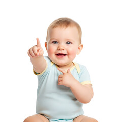 The baby is sitting and pointing
