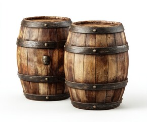 Fototapeta premium Two rustic wooden barrels isolated against a white background