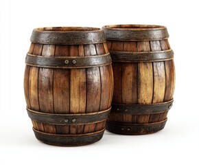 Fototapeta premium Two weathered wooden barrels isolated on a white background