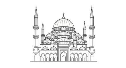 Fototapeta premium Detailed line drawing of a mosque with multiple domes and minarets.