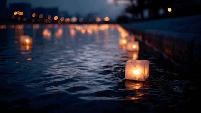 Cube shaped paper lanterns with warm light float on dark water at dusk reflecting city lights in the background