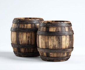 Obraz premium Two wooden barrels on white background concept for storage and craft