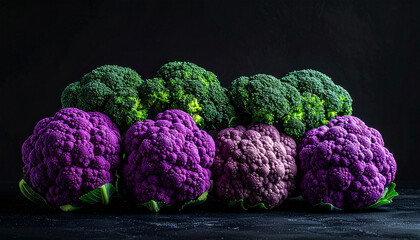 Fresh purple cauliflower and green broccoli arranged in alternating row 