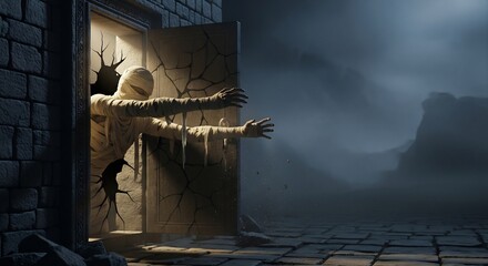 A mummy emerges from a damaged stone doorway into a foggy desolate landscape