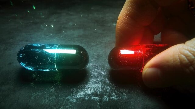 Choosing a path between good and evil with two colored capsules in a dark setting