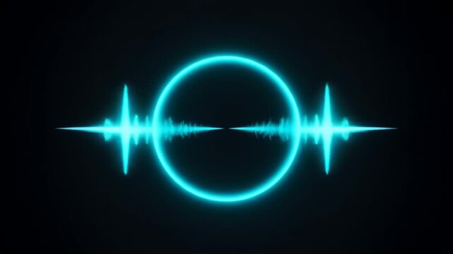 Abstract representation of sound waves in a circular pattern with a glowing blue effect on a dark background