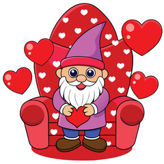 Fototapeta premium Gnome is holding a red heart in front of hearts decorated red chair, it is transparent