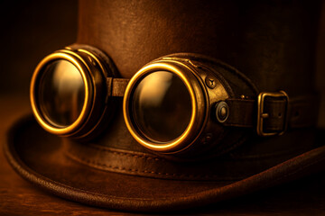 Vintage Steampunk Goggles on Leather Top Hat in Retro Style