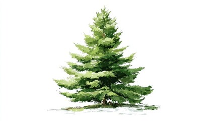 Obraz premium Watercolor illustration of a lush green pine tree against white background