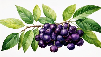 detailed watercolor painting of an acai berry branch with vibrant green leaves and ripe berries isolated on a white background
