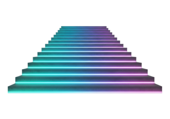 A stairway of luminous steps, showcasing a gradient of teal and purple hues, leads upward against a bold black backdrop.