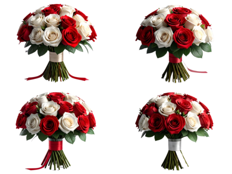 Modern Artistic Set of Four Red and White Rose Bouquets, Minimalist Presentation, Isolated on Transparent Background