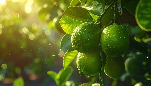 Close-up of a lime tree branch with fresh green fruits, glistening in the sun with bokeh