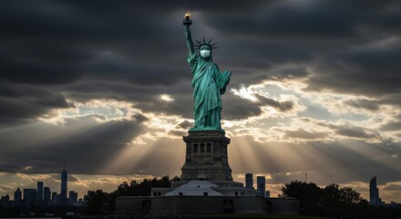 Obraz premium Statue of Liberty with cloudy sky and city skyline