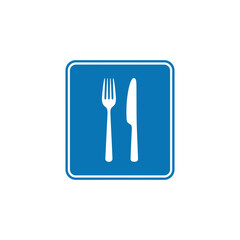 White fork and knife symbol displayed on blue square indicating restaurant location, clean and simple, modern aesthetic.