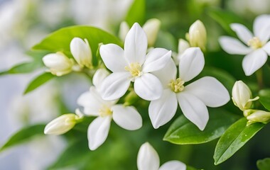 Close-up of elegant white jasmine blooms, radiating a sweet, potent fragrance. Symbolizing purity and grace, these tropical flowers are perfect for backgrounds or wedding concepts.