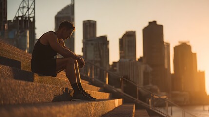 Obraz na płótnie Canvas Man sitting on city steps at sunset with skyline view 