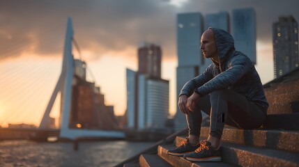 Fototapeta na wymiar Man sitting on city steps at sunset with skyline view 