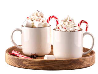  Rustic Wooden Tray with Two Hot Chocolate Mugs, Marshmallows, and Candy Canes, Perspective Side View, Isolated on Transparent Background.