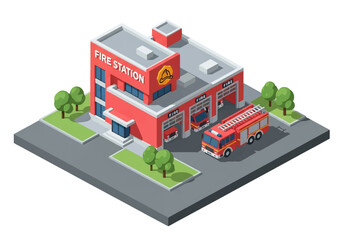 3D Isometric view illustration of a fire station with fire trucks parked outside, modern architecture, and landscaped surroundings, symbolizing emergency services, safety, and community protection