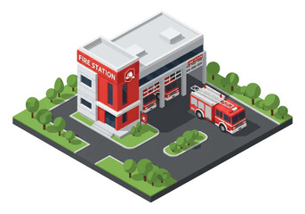3D Isometric view illustration of a fire station with fire trucks parked outside, modern architecture, and landscaped surroundings, symbolizing emergency services, safety, and community protection
