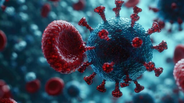 Virus infects blood cells in close-up images showing the impact on cellular structures and interactions within the bloodstream